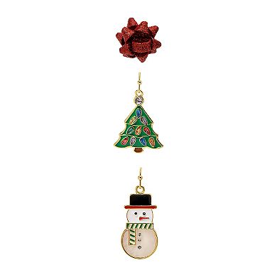 Gold Tone Bow Tree Snowman 3-Pair Earring Set