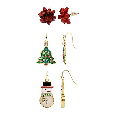 Gold Tone Bow Tree Snowman 3-Pair Earring Set