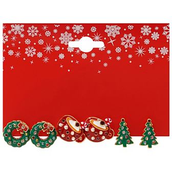 Gold Tone 3-Pair Wreath & Tree Holiday Earring Set