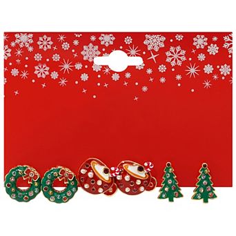 Gold Tone 3-Pair Wreath & Tree Holiday Earring Set