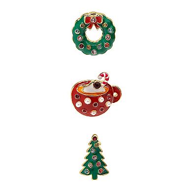 Gold Tone 3-Pair Wreath & Tree Holiday Earring Set