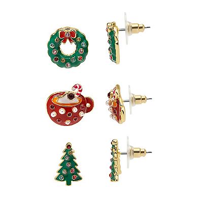 Gold Tone 3-Pair Wreath & Tree Holiday Earring Set