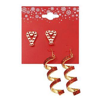 Gold Tone Candy Cane 2-Pair Earring Set