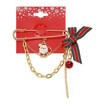 Gold Tone Santa Bow Bell Pin