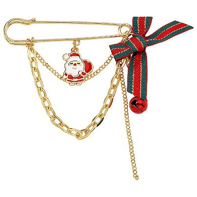 Gold Tone Santa Bow Bell Pin