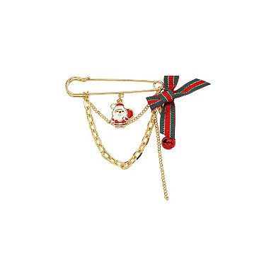 Gold Tone Santa Bow Bell Pin