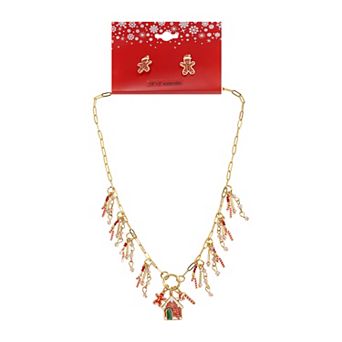 Gold Tone Gingerbread House Necklace & Earrings Set