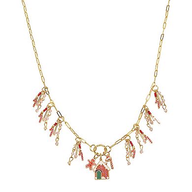 Gold Tone Gingerbread House Necklace & Earrings Set