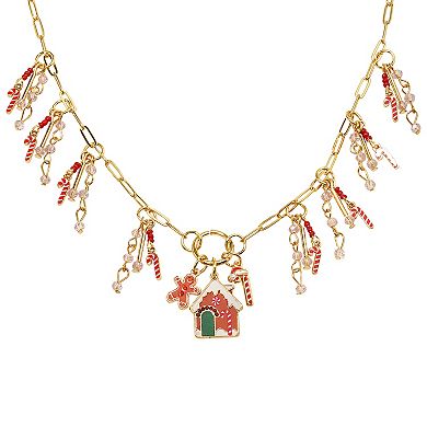 Gold Tone Gingerbread House Necklace & Earrings Set
