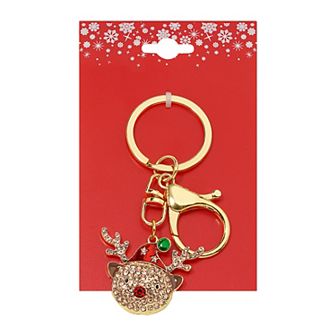 Gold Tone Reindeer Rhinestone Bag Charm Keychain