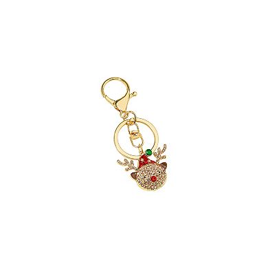 Gold Tone Reindeer Rhinestone Bag Charm Keychain