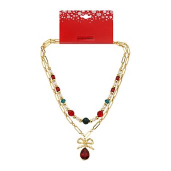 Gold Tone Simulated Stone Bow Pendant Necklace