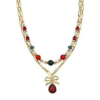 Gold Tone Gemstone Bow Pendant Necklace