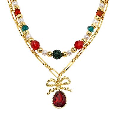 Gold Tone Gemstone Bow Pendant Necklace