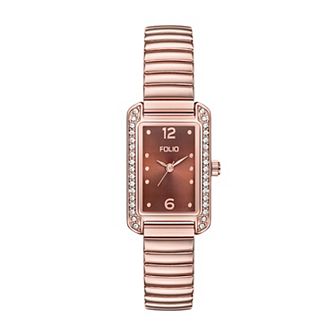 Folio Women's Rose Gold Tone Rectangle Expansion Watch with Simulated Crystal Accents - FMDKH557