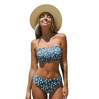 Women's Cupshe Frill Floral Back Tie Swim Top & Mid Rise Swim Bottoms Bikini Set