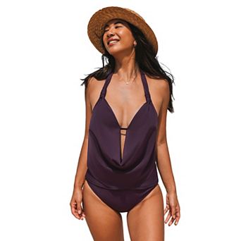 Women's Cupshe Halter Deep V-Neck Tankini Swim Top & High Waisted Swim Bottoms Set