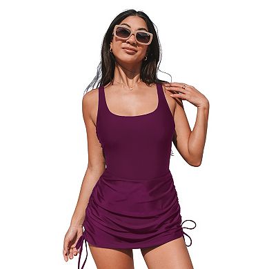Women's Cupshe Ruched Square Neck Drawstring Side Shirred One-Piece Swim Dress