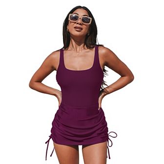 Women's Cupshe Ruched Square Neck Drawstring Side Shirred One-Piece Swim Dress