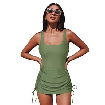 Women's Cupshe Ruched Square Neck Drawstring Side Shirred One-Piece Swim Dress