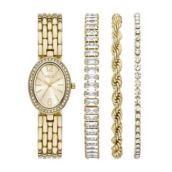 Folio Women's Gold Tone Oval Watch & Bracelets Set