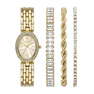 Folio Women's Gold Tone Oval Watch Bracelets Set