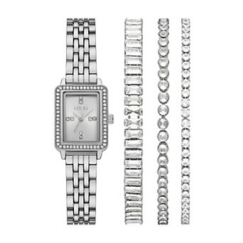 Folio Women's Silver Tone Rectangle Watch & Bracelets Set
