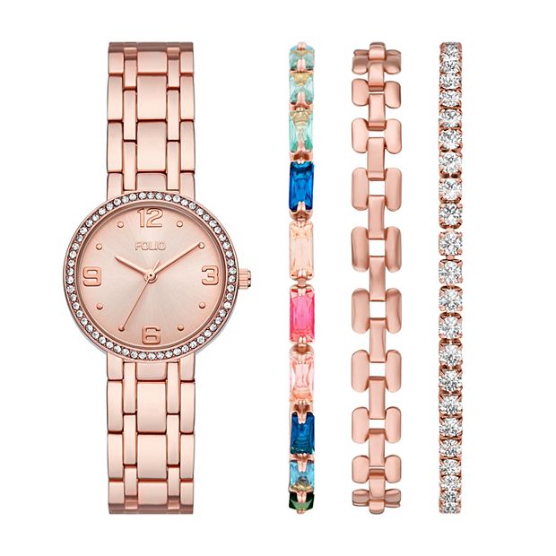 Kohl\'s Rose Gold-Tone Pink Floral Bracelet Watch Kohl main image 3