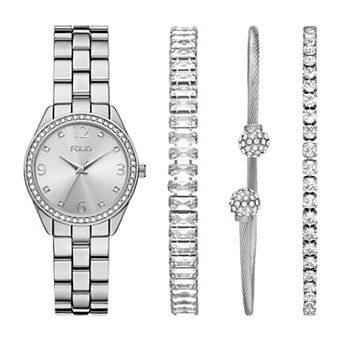 Folio Women's Silver Tone Watch & Bracelet Set