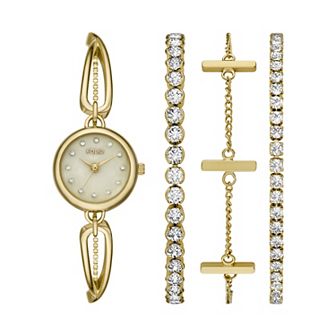 Folio Women's Gold Tone Mother-of-Pearl Jewelry Link Watch & Bracelet Set