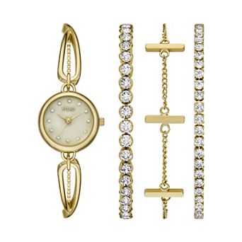 Folio Women's Gold Tone Mother-of-Pearl Jewelry Link Watch & Bracelet Set