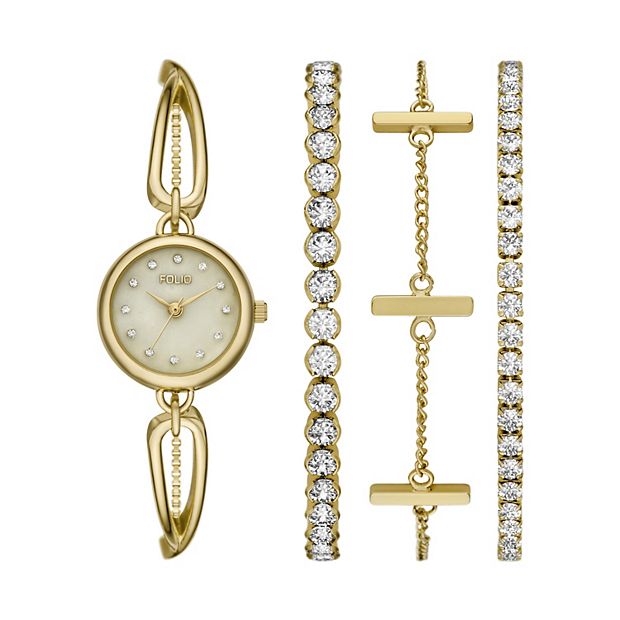 Gold color Hollow Link Bracelet Watch with Mother-of-Pearl Dial Folio Women main image 3