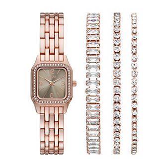 Folio Women's Rose Gold Tone Square Watch & Bracelet Set