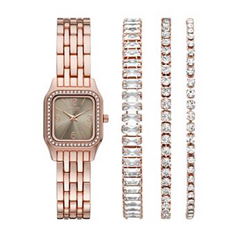 Folio Women's Rose Gold Tone Square Watch & Bracelet Set