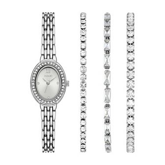 Folio Women's Silver Tone Oval Watch & Bracelet Set