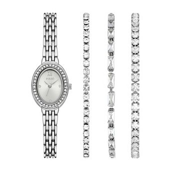 Folio Women's Silver Tone Oval Watch & Bracelet Set