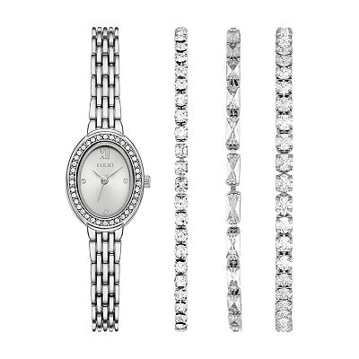 Folio Women's Silver Tone Oval Watch Bracelet Set