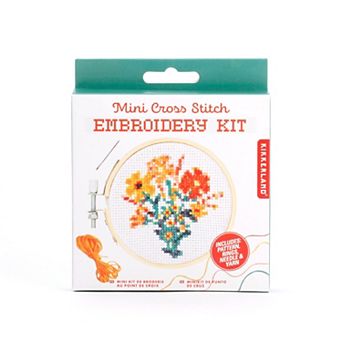 Kikkerland Mini Cross Stitch Embroidery Kit with Pattern, Needle & Yarn