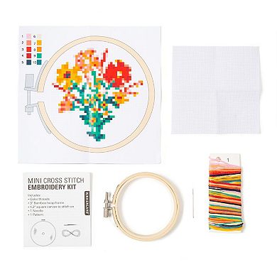 Kikkerland Mini Cross Stitch Embroidery Kit with Pattern, Needle & Yarn