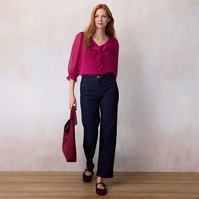 Women's LC Lauren Conrad 3/4 Sleeve Ruffle Front Blouse with Tucks