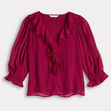Women's LC Lauren Conrad 3/4 Sleeve Ruffle Front Blouse with Tucks