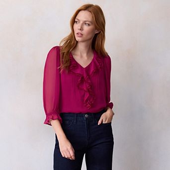 Women's LC Lauren Conrad 3/4 Sleeve Ruffle Front Blouse with Tucks