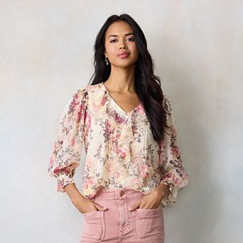 Women's LC Lauren Conrad 3/4 Sleeve Ruffle Front Blouse with Tucks