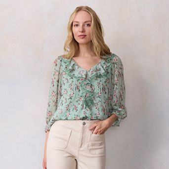 Women's LC Lauren Conrad 3/4 Sleeve Ruffle Front Blouse with Tucks