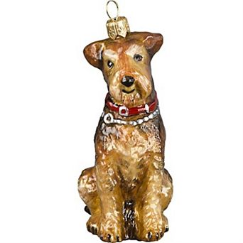 Joy To The World Airedale Dog Polish Blown Glass Christmas Ornament Decoration