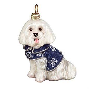 Joy To The World Maltese In Snowflake Coat With Crystals Polish Blown Glass Christmas Ornament