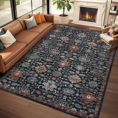 Garvee Vintage Floral Prited Area Machine Washable Non Slip Low Pile Indoor Mat