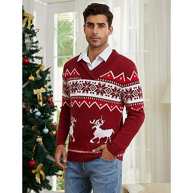 Mens Ugly Christmas Sweaters Snowflakes Reindeer Printed Shawl Collar Knitted Long Sleeve Pullover