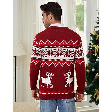 Mens Ugly Christmas Sweaters Snowflakes Reindeer Printed Shawl Collar Knitted Long Sleeve Pullover