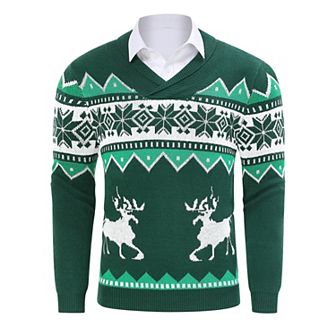 Mens Ugly Christmas Sweaters Snowflakes Reindeer Printed Shawl Collar Knitted Long Sleeve Pullover